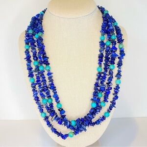Vintage Blue Lapis Lazuli Chip Turquoise Bead Necklace Sterling Silver Very Long